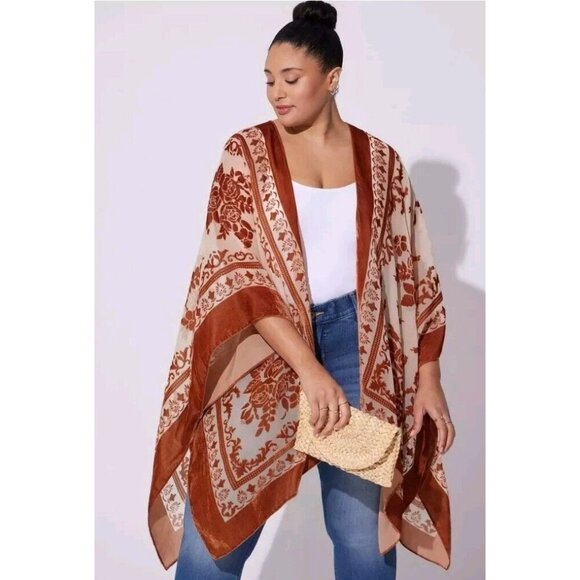 Torrid Womens One Size Multicolor Floral Velvet Burnout Ruana Open Kimono Boho - Picture 2 of 7